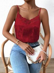 SHEIN LUNE Floral Jacquard Contrast Lace Satin Cami Top - Red - View 1