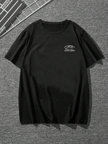 Extended Sizes 男士加大时尚标语图案短袖 T 恤，适合外出 - 黑色 - 查看 2