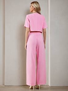 SHEIN Privé con parche de bolsillo Cazadora crop & Pantalones de pierna ancha - Rosa Pálido - Ver 2