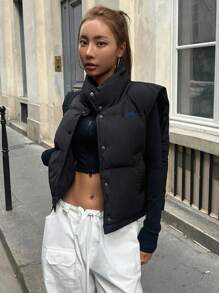 DAZY 字母图案按扣前背心加厚棉衣，女式冬季外套 - 黑色 - 查看 8