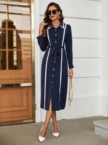 SHEIN Clasi 拼接邊腰帶襯衫洋裝 - 藏蓝色 - 查看 5