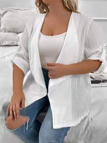 SHEIN LUNE Hơn Cổ áo thác nước Tay áo cuộn Mở Mặt trước áo - trắng - Xem 6