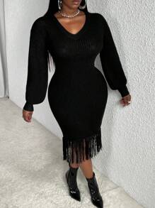 Slaydiva Fringe Hem Lantern Sleeve Sweater Dress - Black - View 4