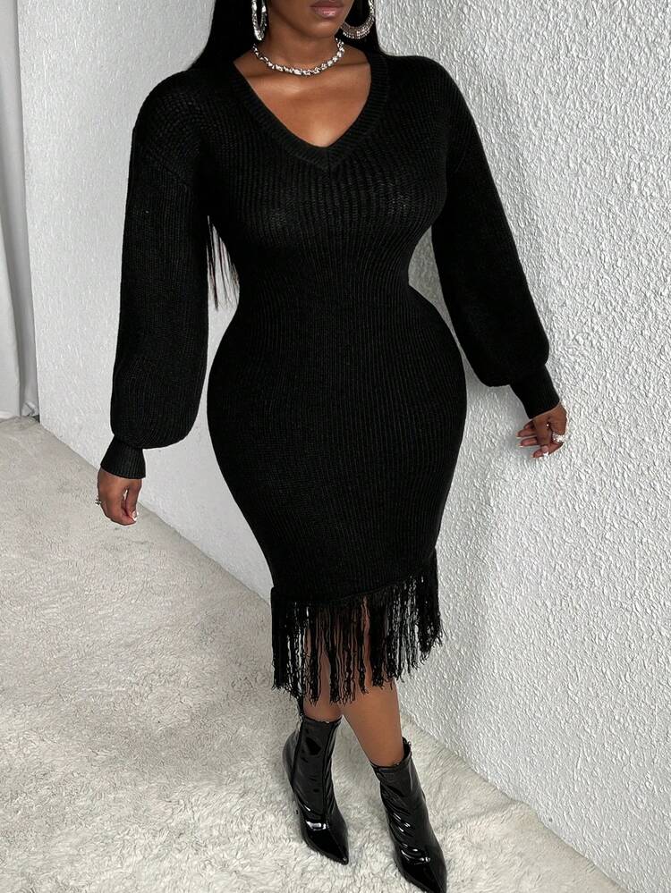 Fringe Hem Lantern Sleeve Sweater Dress