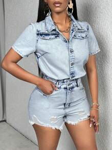 SHEIN SXY 翻蓋細節前紐扣毛邊牛仔連體短褲 - 淺色水洗藍 - 查看 5