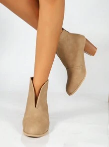 女士粗跟靴欧美跨境电商2023秋冬新款粗跟大码尖头低帮踝靴