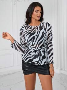 SHEIN Privé In hoa văn ngựa vằn Thắt lưng Áo sơ mi - Nhiều màu - Xem 4