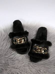 女性輕便金屬鏈拖鞋,青年秋冬拖鞋 - 黑色 - 查看 4