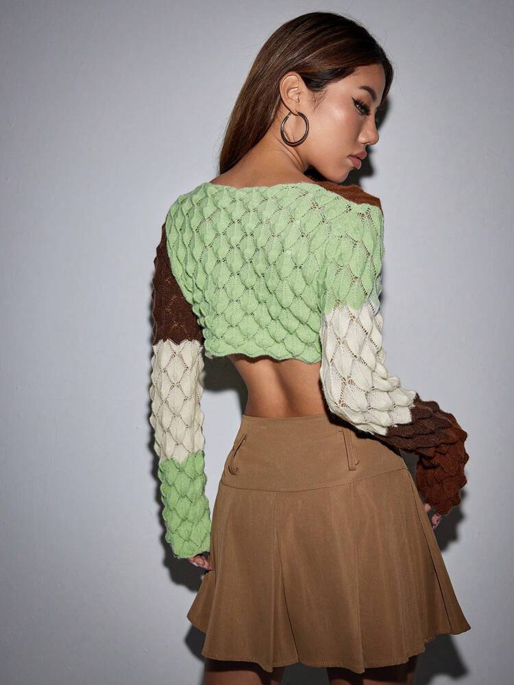 Colorblock Pointelle Knit Crop Cardigan