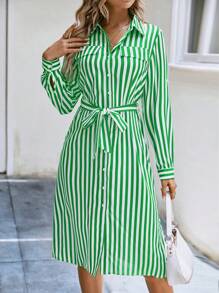 SHEIN Frenchy Striped Print Belted Shirt Dress - Green - View 3