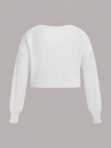 SHEIN EZwear Hơn Dây rút Viền mặt trước Thả vai Áo len - trắng - Xem 2
