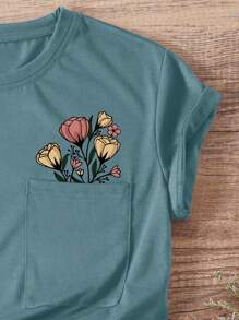 INAWLY Floral Print Pocket Patched Tee - Dusty Blue - View 3