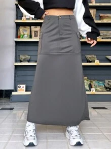 SHEIN EZwear Túi có nắp Thêm dài Váy - Màu xám đen - Xem 3