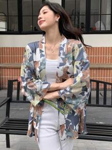 DAZY Floral Print Drop Shoulder Open Front Blouse - Dusty Blue - View 5