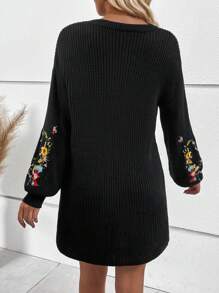 SHEIN LUNE Vestido de punto con bordado floral de hombros caídos - Negro - Ver 2