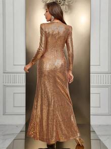 SHEIN Belle Vestido de vestir con lentejuela en contraste - Dorado - Ver 2