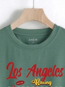 SHEIN EZwear Đồ họa ô tô và chữ cái Áo thun Thả vai - Màu xanh lá cây đậm - Xem 3