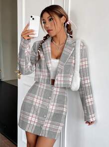Muchica Plaid Print Lapel Neck Blazer & Skirt - Multicolor - View 6