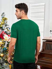 Manfinity VCAY 男士聖誕老人&標語圖案T恤 - 墨綠色 - 查看 2