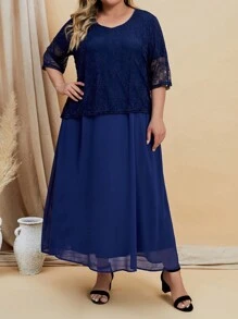EMERY ROSE Plus Contrast Lace Dress - Navy Blue - View 1