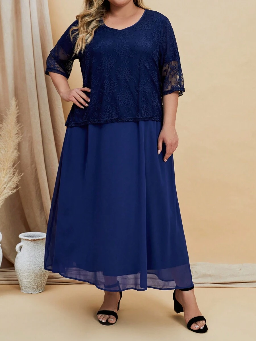 EMERY ROSE Plus Contrast Lace Dress - Navy Blue - View 1