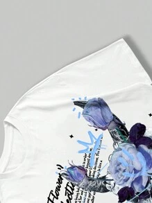 ROMWE MEN Street Life Camiseta masculina floral e com slogan, escola - Branco - Ver 3
