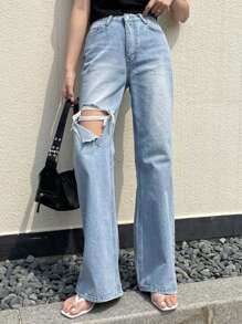 DAZY Ripped Straight Leg Jeans - Blue - View 1