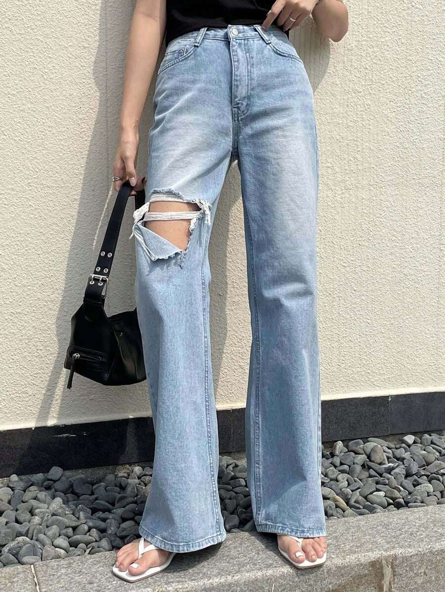 DAZY Ripped Straight Leg Jeans - Blue - View 1