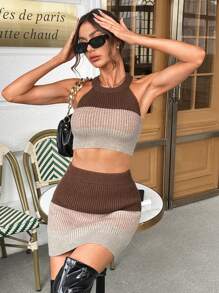 SHEIN Essnce 撞色短款吊脖針織上衣&針織短裙 - 彩色 - 查看 5