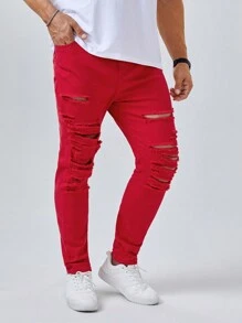 Manfinity VCAY Nam Plus Quần jean rách - Đỏ - Xem 5