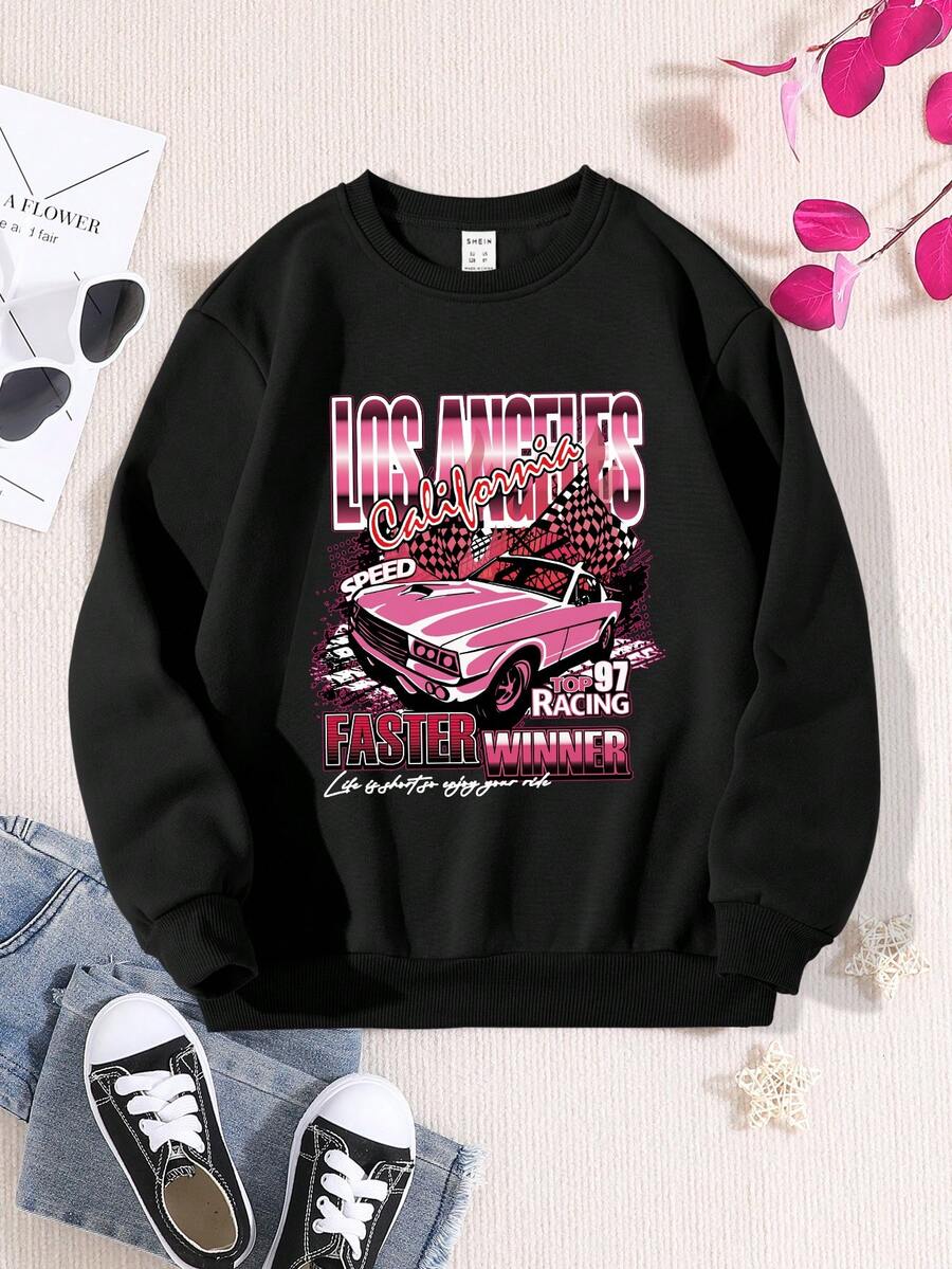 SHEIN 女大童汽車和字母圖案加絨內裏運動衫 - 黑色 - 查看 1