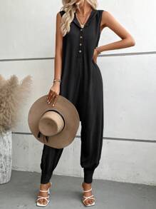 Breezaya 素色前紐扣連帽無袖連體褲 - 黑色 - 查看 6