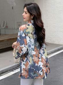 DAZY Floral Print Drop Shoulder Open Front Blouse - Dusty Blue - View 2