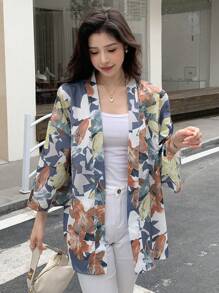 DAZY Floral Print Drop Shoulder Open Front Blouse - Dusty Blue - View 4