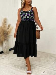 SHEIN LUNE Plus Geo Print Ruffle Hem Cami Dress - Black - View 1