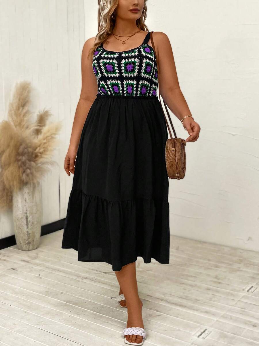 SHEIN LUNE Plus Geo Print Ruffle Hem Cami Dress - Black - View 1