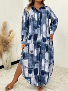 SHEIN LUNE Hơn In chắp vá Curved Hem Váy sơ mi - Màu xanh lam - Xem 6