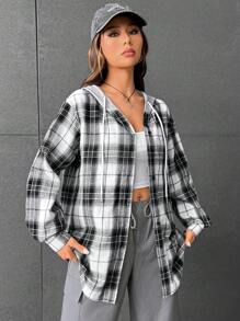 SHEIN EZwear Plaid Print Drop Shoulder Drawstring Hooded Coat - Black and White - View 3