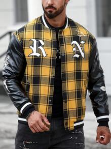Manfinity LEGND Men Plaid & Letter Graphic Striped Trim Varsity Jacket - Yellow - View 5