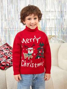 SHEIN Young Boy 1pc Christmas Tree & Slogan Pattern Turtle Neck Drop Shoulder Sweater,In Fall/Winter - Red - View 5