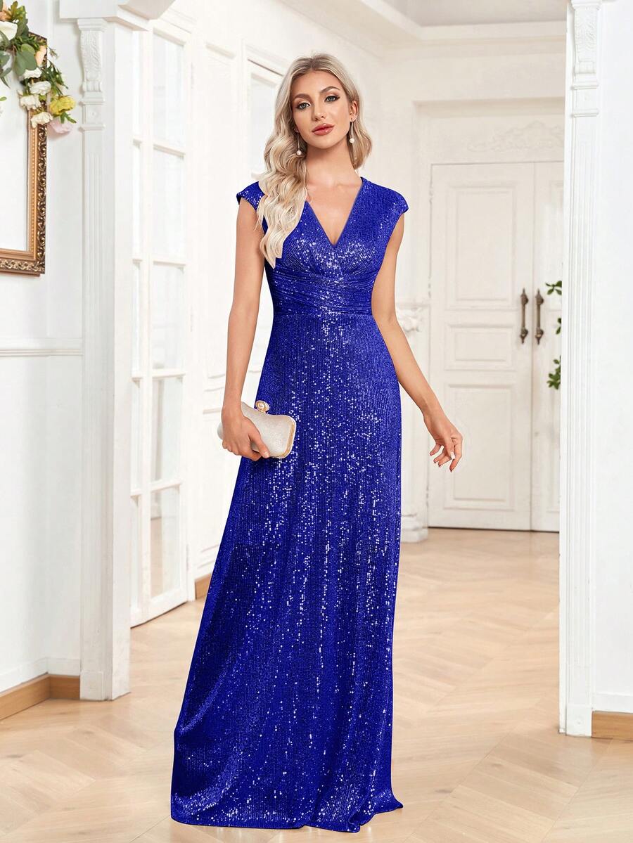 BluePlum Đầm dạ hội thanh lịch dành cho nữ, chất liệu vải đính cườm sang trọng, thiết kế xếp ly eo, thích hợp cho các buổi tiệc, lễ tốt nghiệp, đám cưới, sự kiện, dạ hội và các buổi khiêu vũ trang trọng (Phiên bản cao cấp)