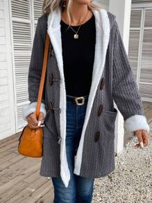 SHEIN LUNE Dual Pocket Teddy Lined Hooded Coat - Khaki - View 4