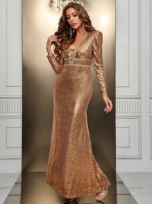 SHEIN Belle Vestido de vestir con lentejuela en contraste - Dorado - Ver 4