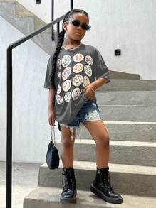 SHEIN 女大童微笑印花落肩T恤 - 灰色 - 查看 3