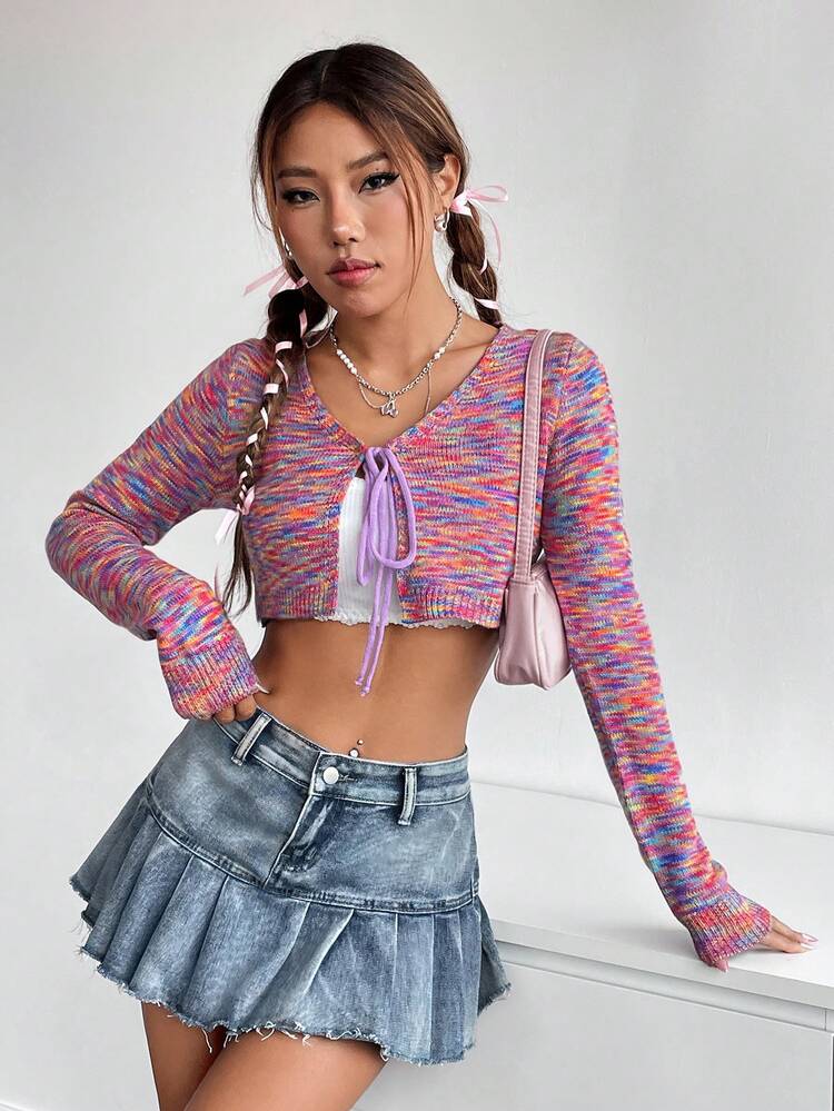 Space Dye Knot Front Crop Cardigan