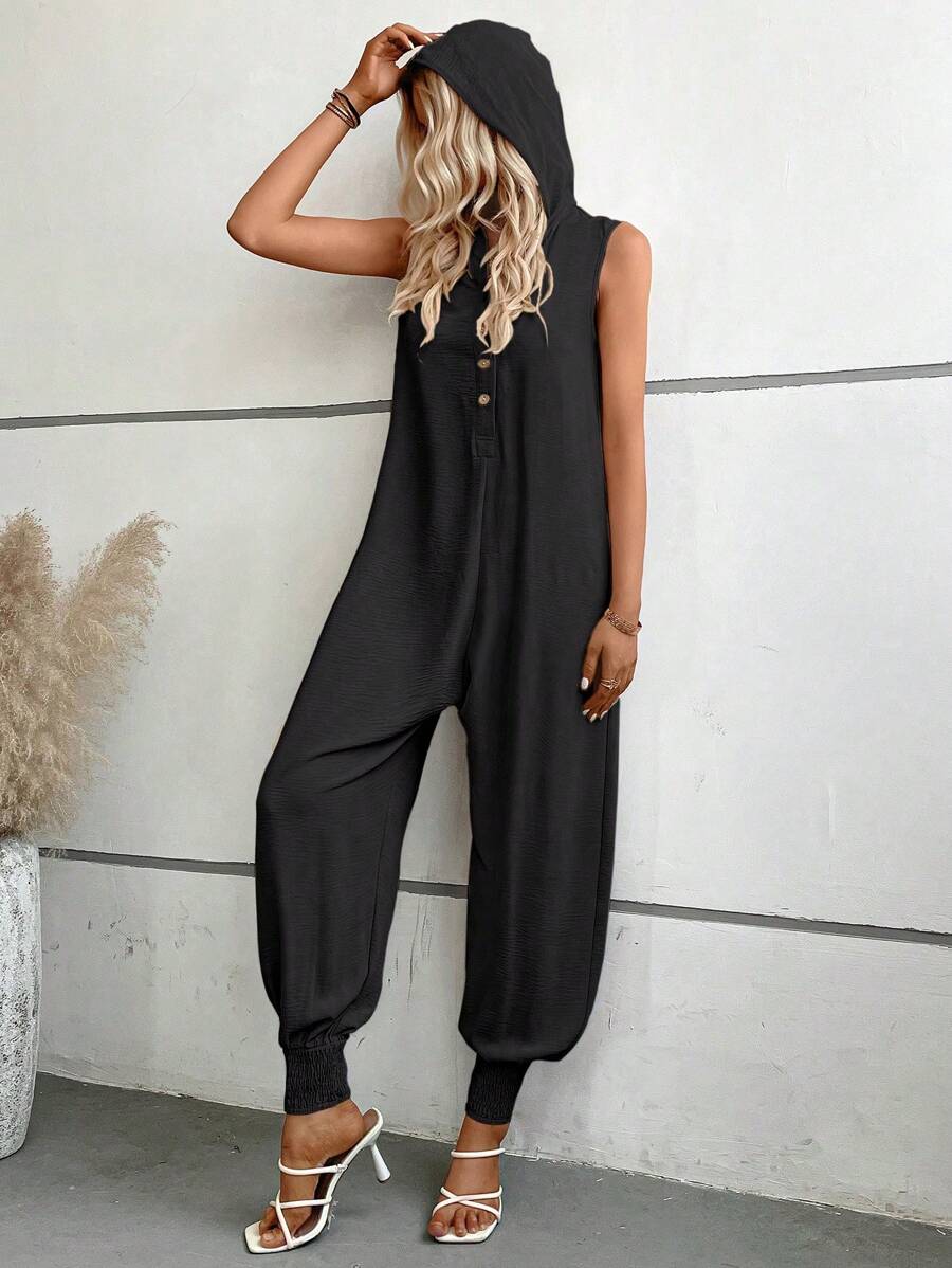 Breezaya 素色前紐扣連帽無袖連體褲 - 黑色 - 查看 1