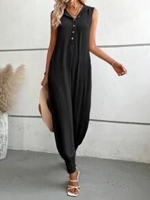 Breezaya 素色前紐扣連帽無袖連體褲 - 黑色 - 查看 5