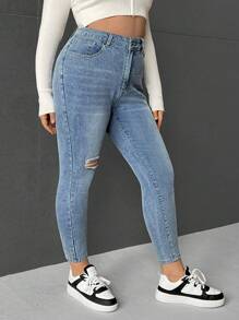 SHEIN EZwear Plus High Waist Skinny Jeans - Blue - View 5
