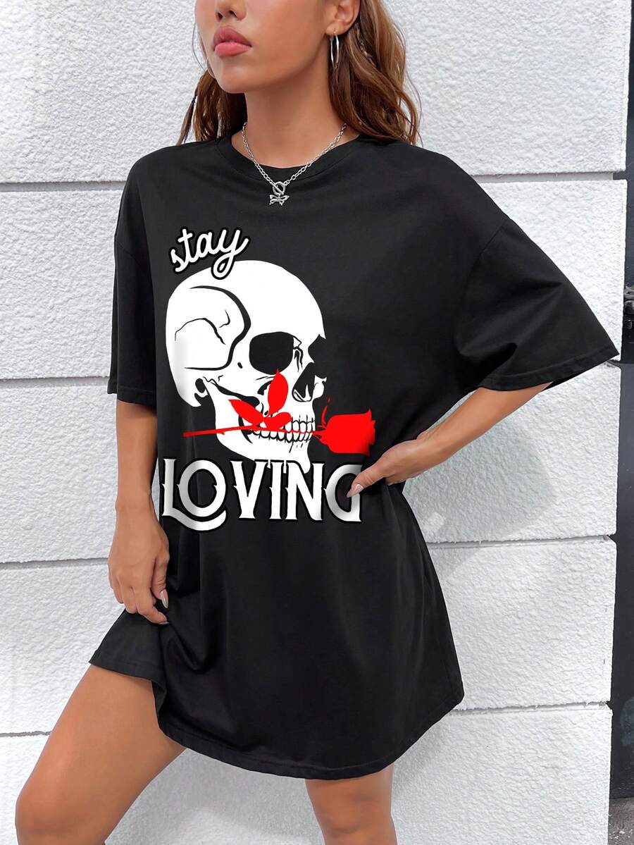 Debiesn Skull & Letter Graphic Drop Shoulder Tee Dress - Black - View 1