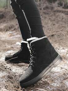 女士保暖内衬加厚保暖踝靴时尚休闲鞋雪地靴 - 黑色 - 查看 4
